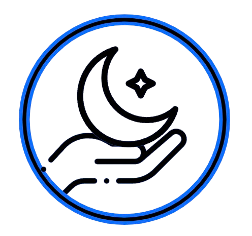 Logo représentant une main tenant un croissant de lune avec une étoile, entouré d’un cercle bleu.