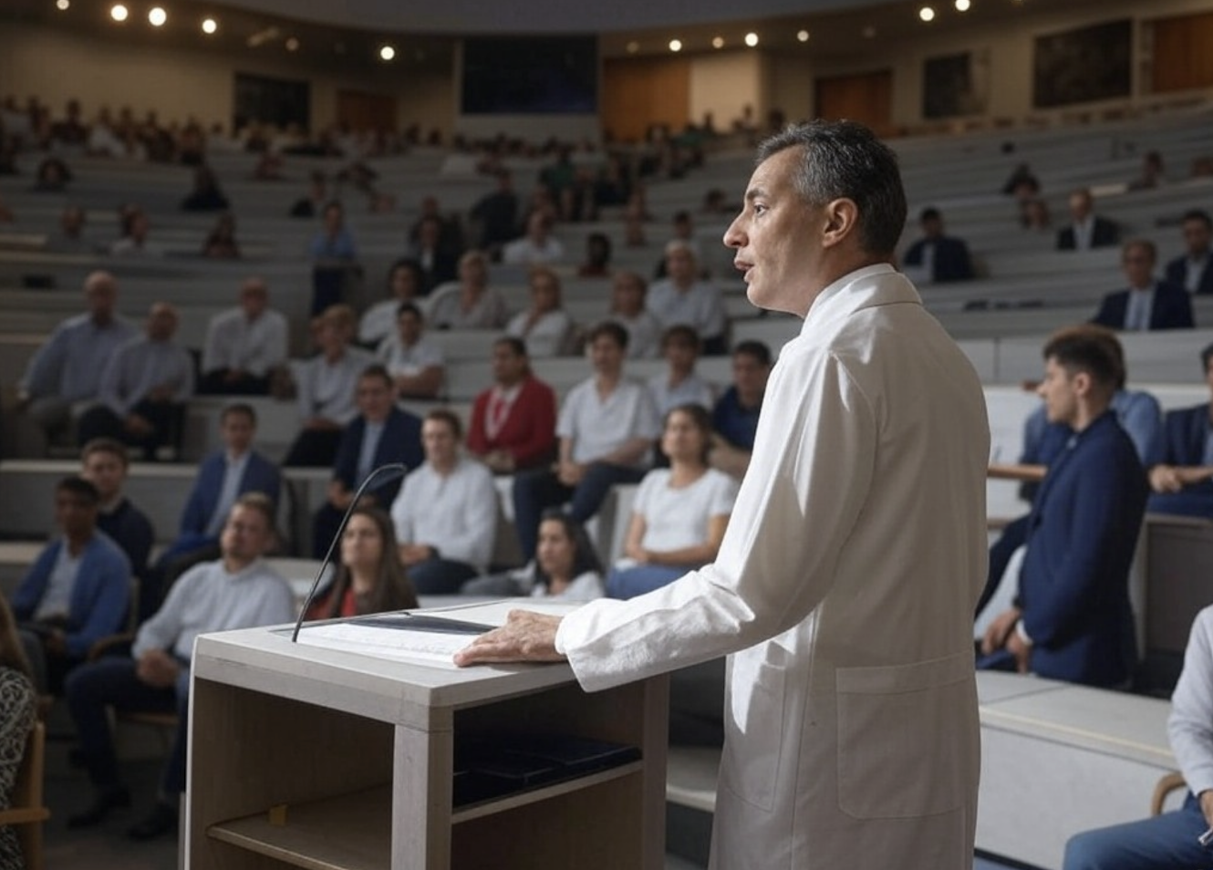 Congrès médical avec des médecins assistant à une conférence dans un grand auditorium.