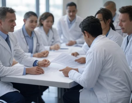 Médecins en réunion discutant de documents médicaux dans un cadre collaboratif.